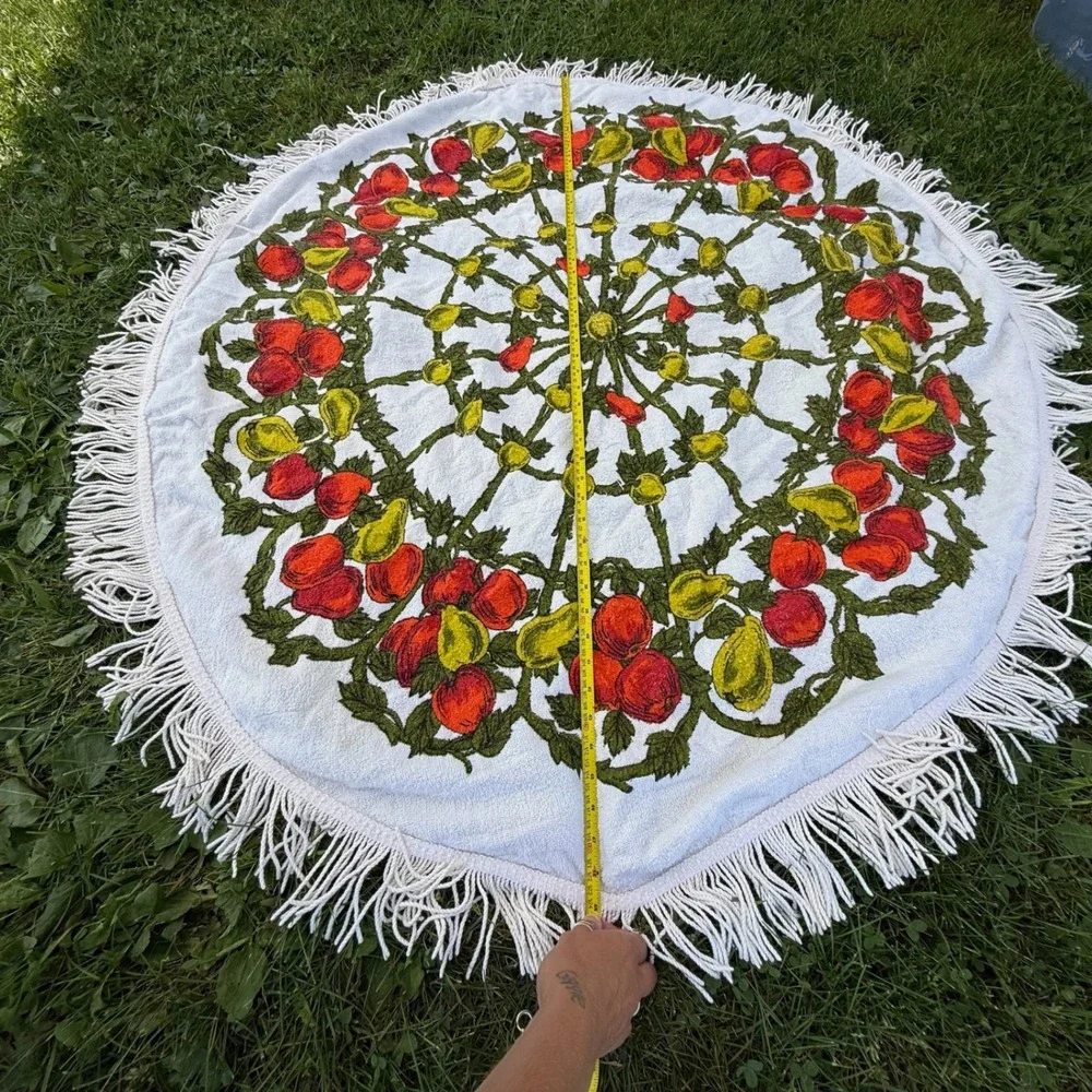 VTG Round Terry Cloth Tablecloth Beach Towel 49in Fruit Apple Pear Fringe Retro
